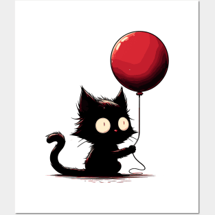 Confused black cat holding red balloon Posters and Art